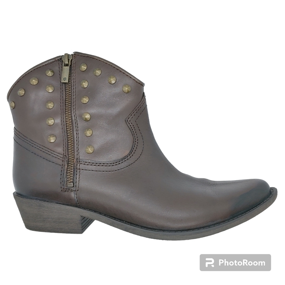 Lucky Brand Women's Cicily Brown Leather Studded Zip Ankle Booties Sz 8.5/9